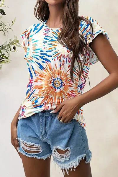 Printed Round Neck Short Sleeve T-Shirt Tangerine Women's T-Shirts - Tophatter Daily Deals